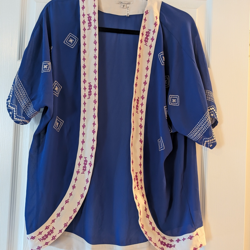Marineblu Blue and Cream Boho Embroidered Kimono